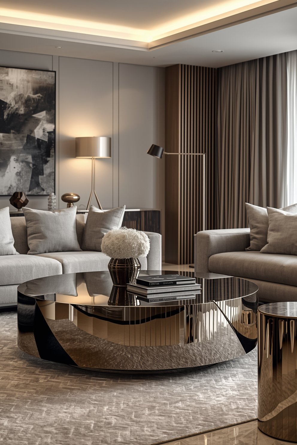 Luxury modern living room with gold coffee table, grey sofas, ambient lighting, and abstract wall art