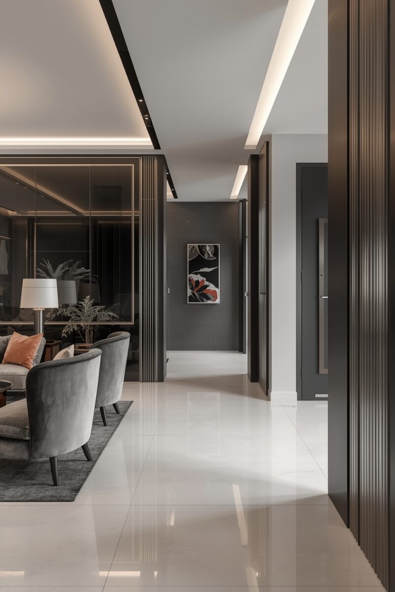 Luxury modern interior hallway with grey velvet chairs, white marble floors, and recessed LED ceiling lights