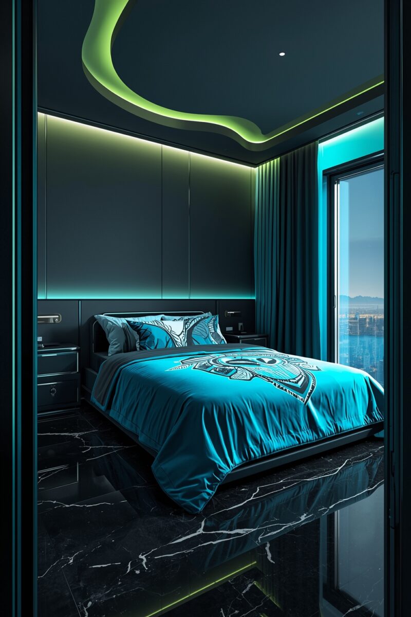 Futuristic luxury bedroom with teal LED lighting, cyan bedding, green neon ceiling trim, and black marble floors