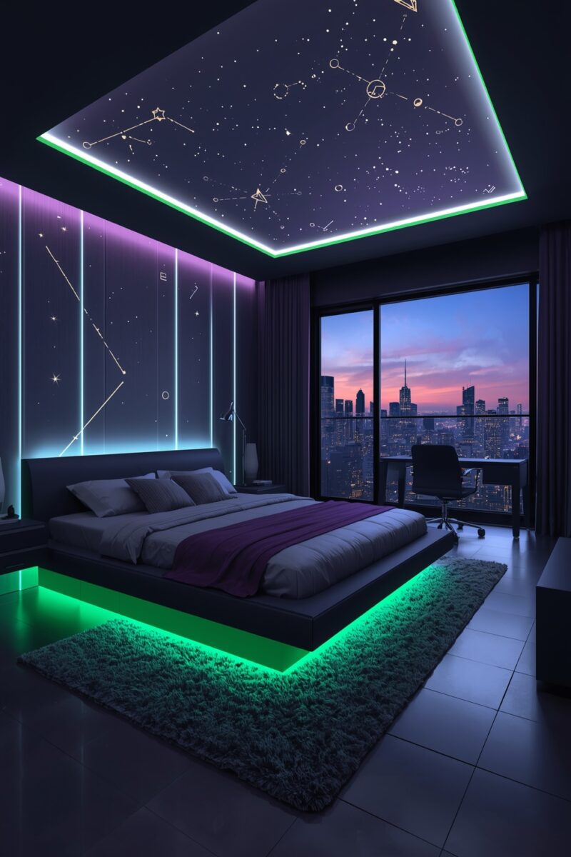 Futuristic bedroom with green LED under-bed lighting, constellation ceiling mural, purple accent wall, and cityscape window view