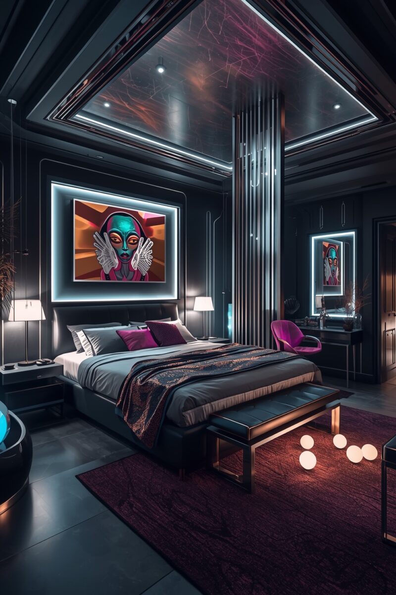 Futuristic luxury bedroom with neon lighting, dark walls, purple accents, and cyberpunk-style portrait artwork above bed