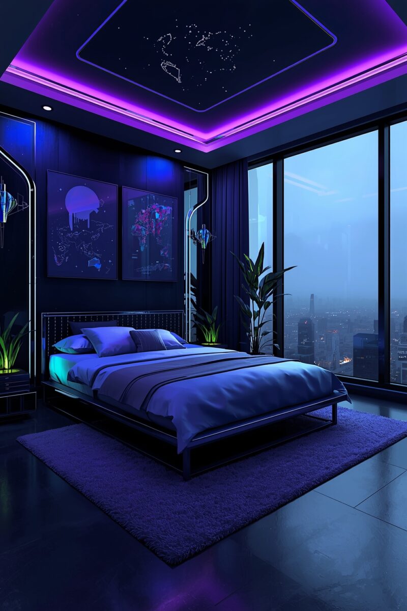 Futuristic bedroom with purple neon LED ceiling lights, blue bedding, floor-to-ceiling city view windows at night