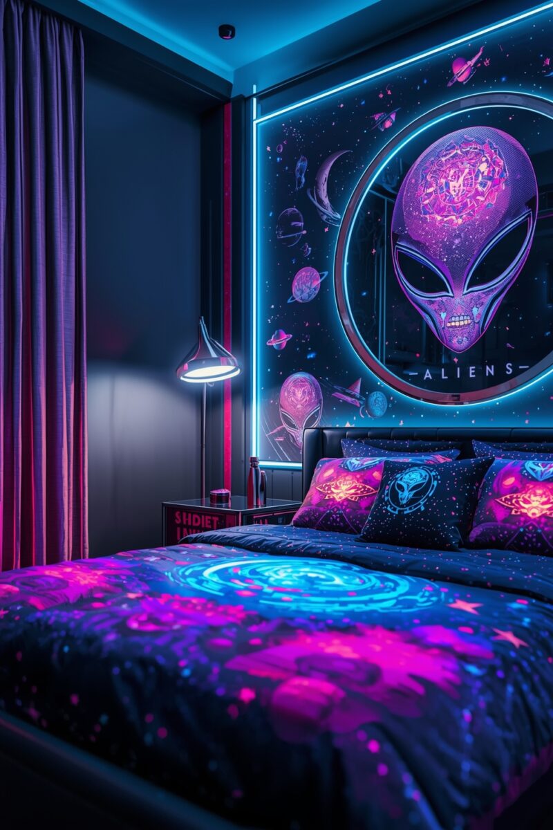 Neon-lit alien-themed bedroom with glowing purple alien mural, space bedding, and blue pink ambient lighting