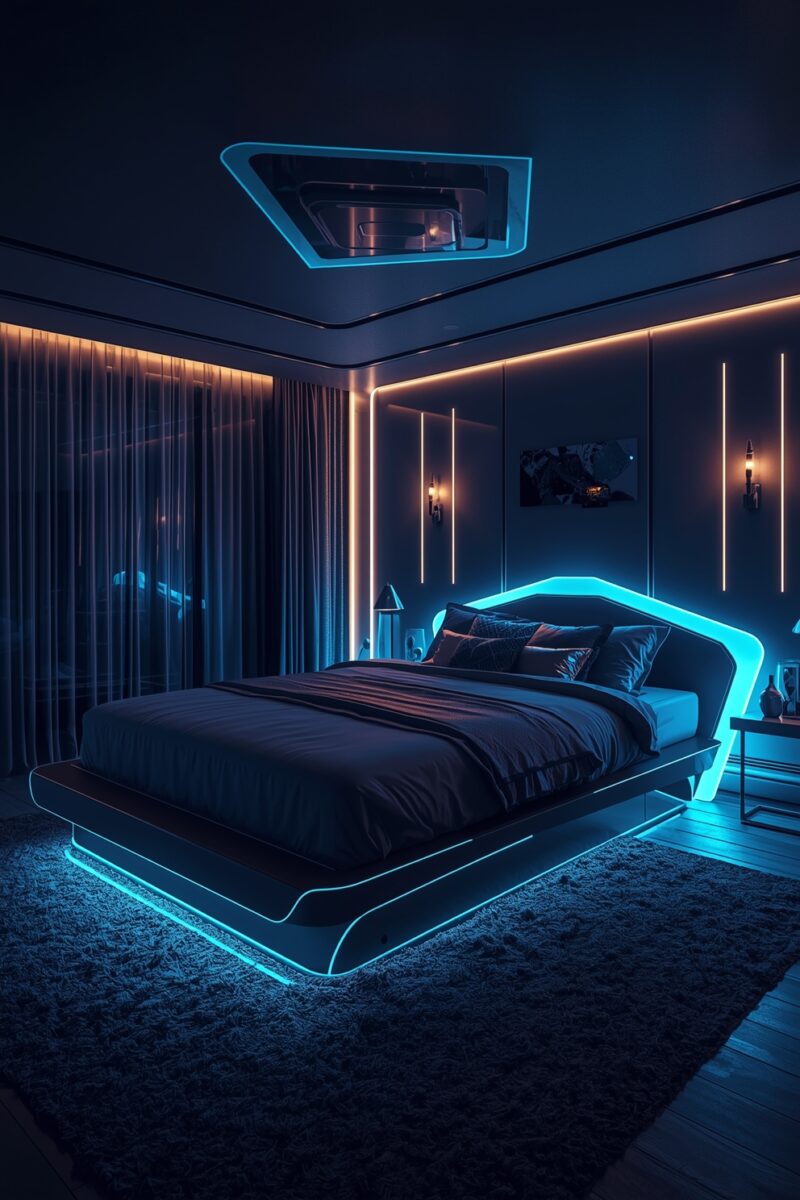 Futuristic bedroom with cyan LED-lit floating bed frame, neon underglow, dark walls, and warm accent ceiling lights