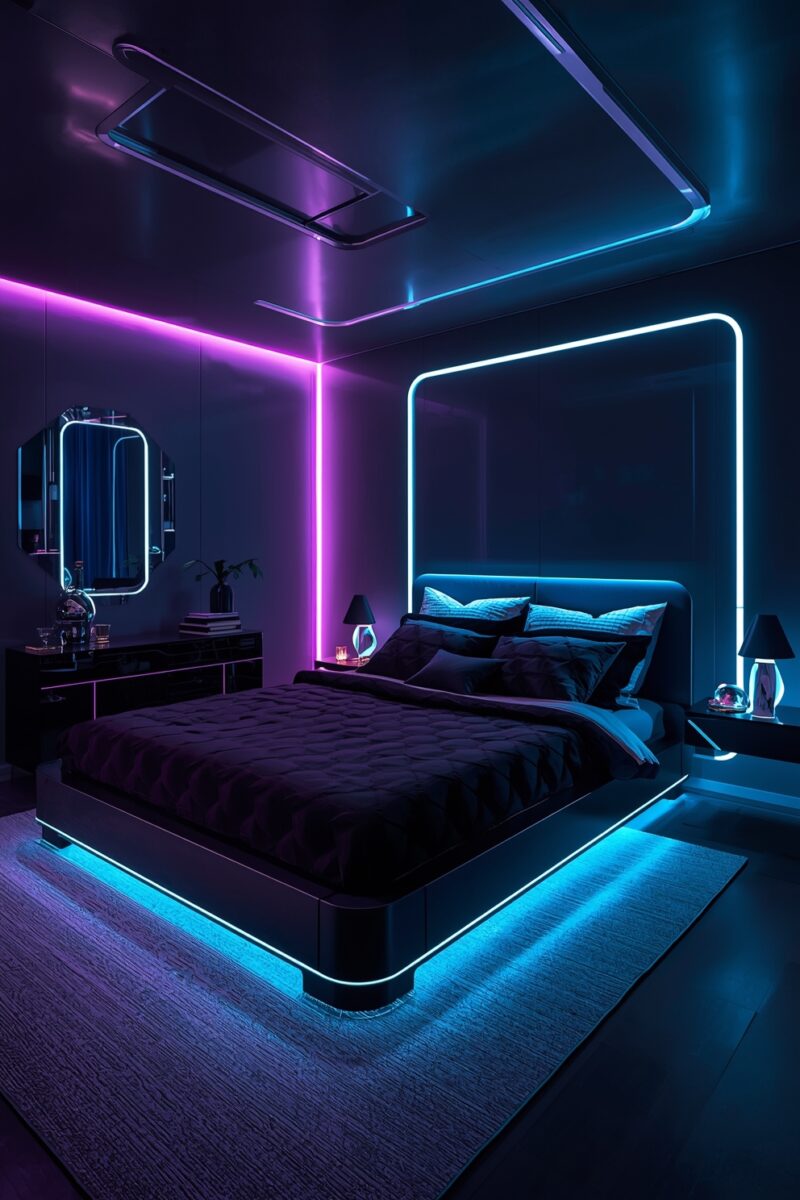 Futuristic cyberpunk bedroom with blue and purple neon LED lighting, floating platform bed, and dark decor