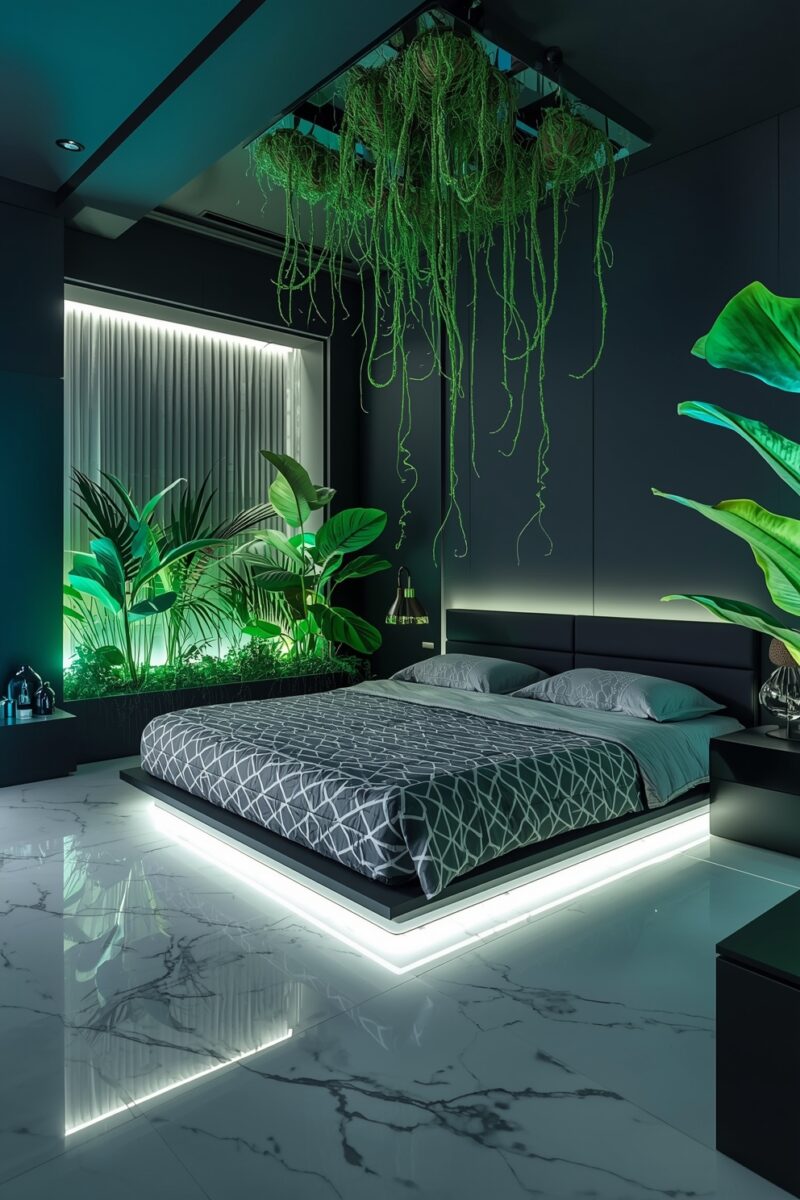 Modern luxury bedroom with LED platform bed, hanging green plants, tropical foliage, and marble floors