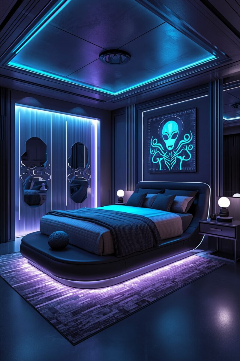 Futuristic cyberpunk bedroom with neon blue and purple LED lighting, floating platform bed, and alien wall art