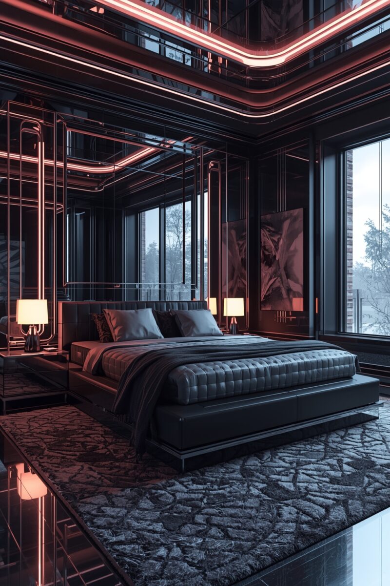Luxurious dark cyberpunk bedroom with red neon lighting, tufted platform bed, and floor-to-ceiling windows
