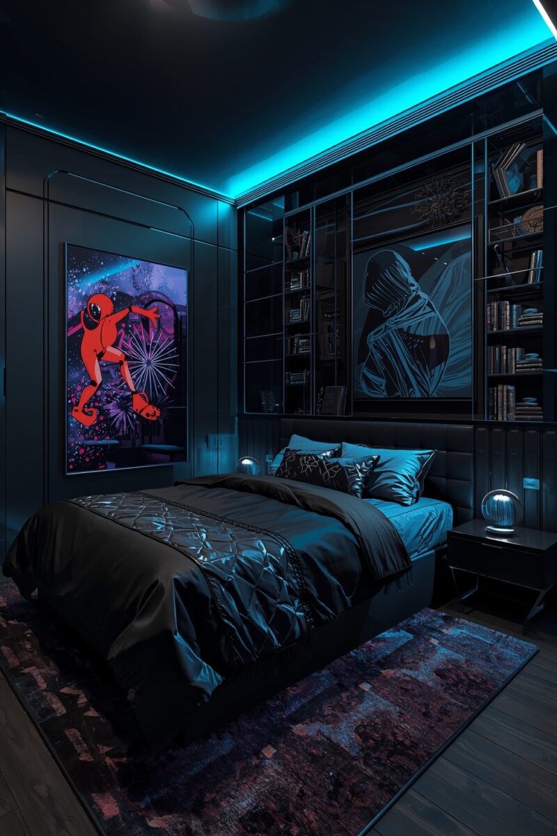 Dark cyberpunk-themed bedroom with teal LED ceiling lights, black bedding, comic art posters, and built-in bookshelves