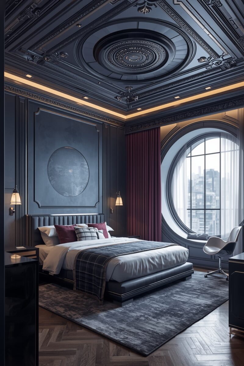 Luxury dark bedroom with ornate coffered ceiling, circular window, herringbone floor, and plum accents