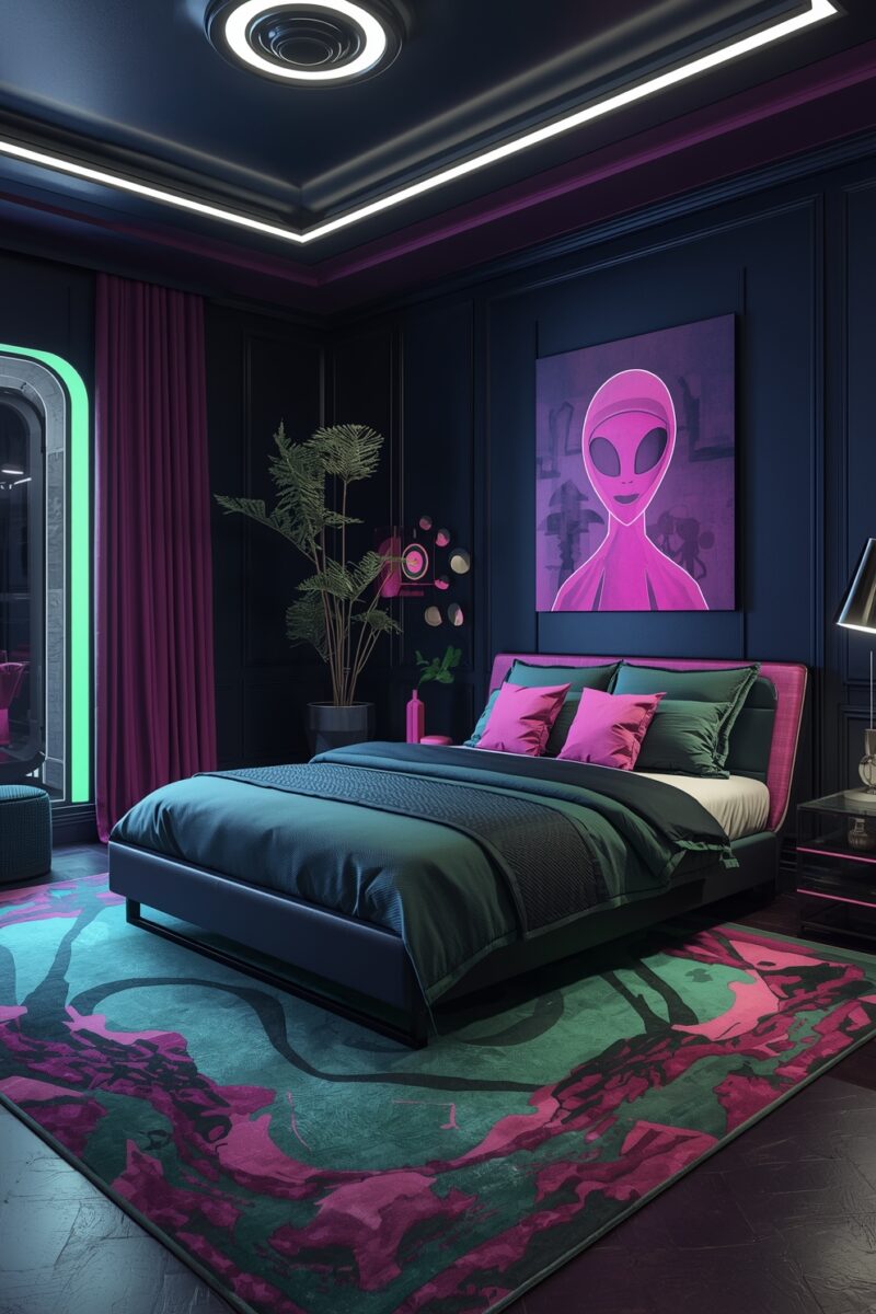 Sci-fi themed bedroom with neon pink and teal lighting, alien artwork, dark navy walls, and colorful abstract rug