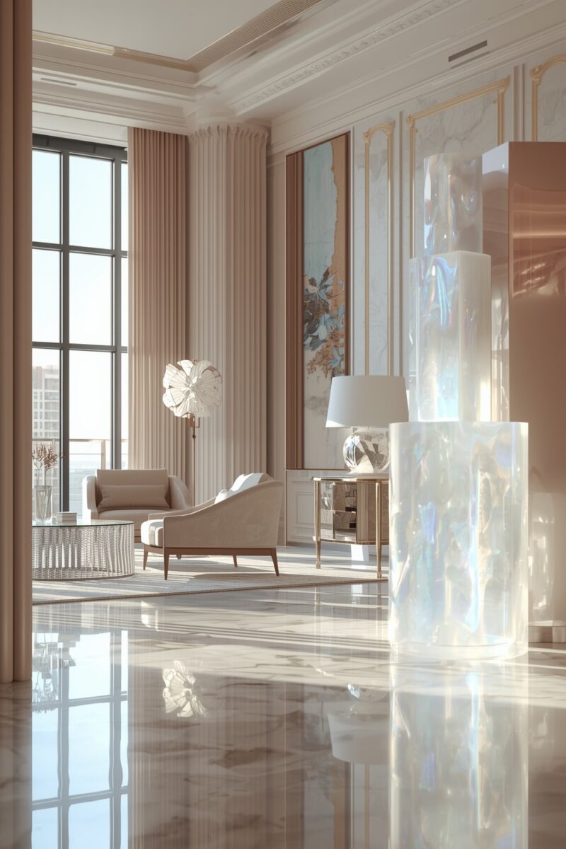 Luxurious modern living room with iridescent crystal column, marble floors, beige furniture, and floor-to-ceiling windows
