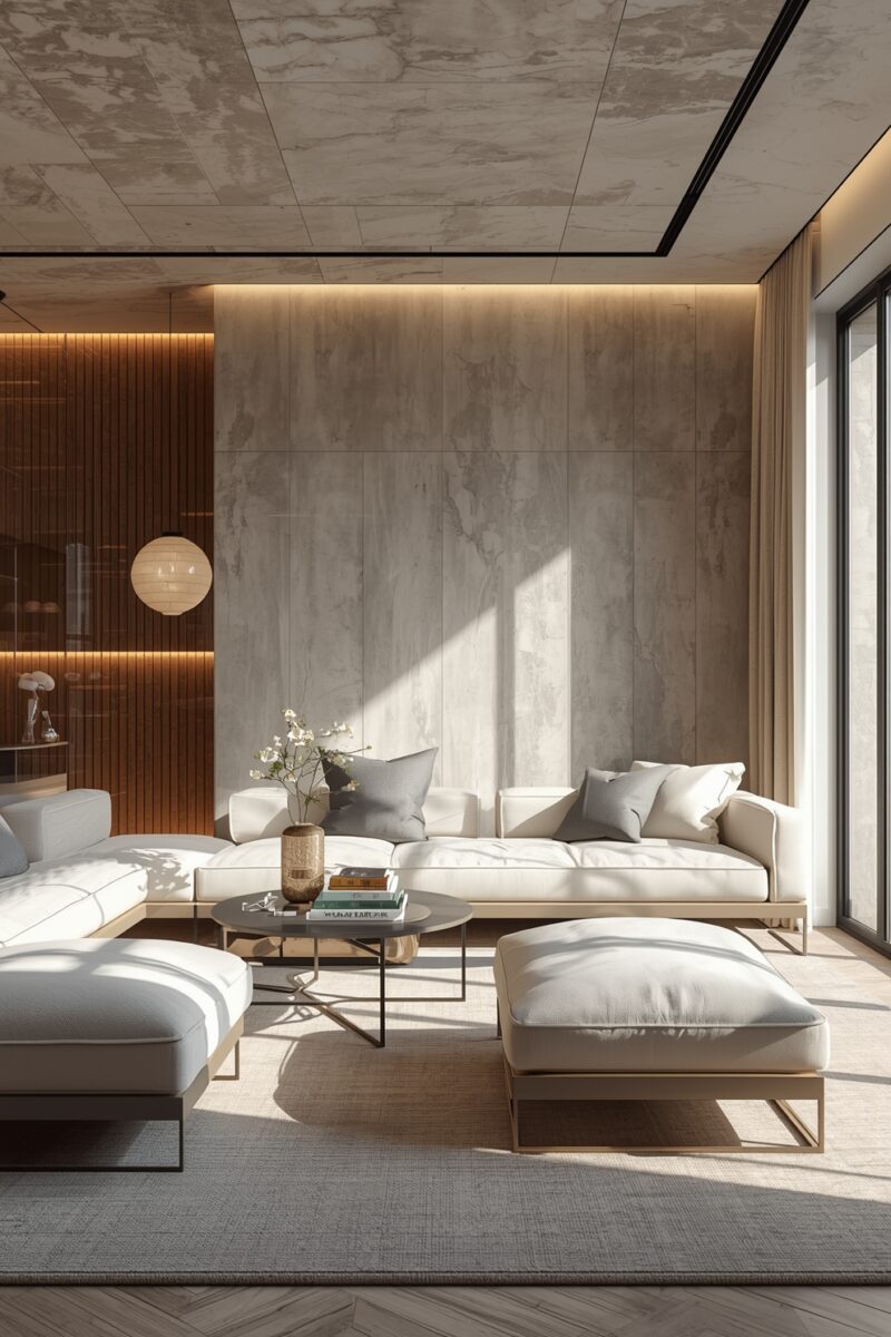 Luxury modern living room with cream sectional sofa, marble accent wall, warm wood paneling, and floor-to-ceiling windows