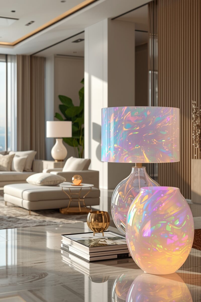 Iridescent holographic lamp and vase on marble table in modern luxury living room interior