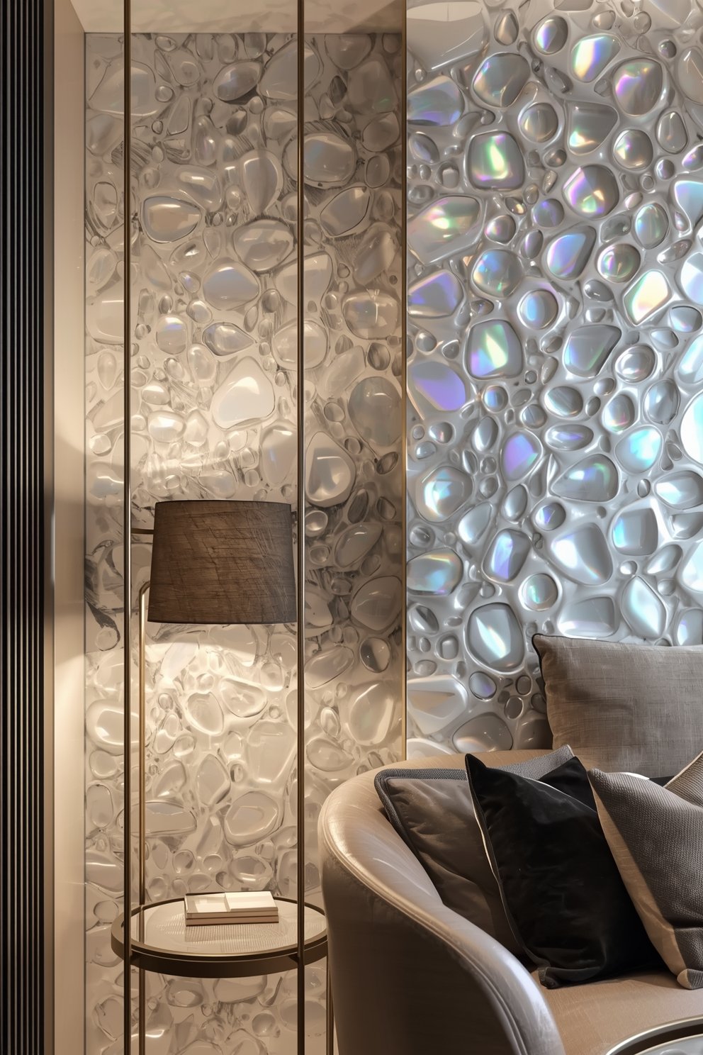 Luxury interior with iridescent 3D pebble-textured wall panels, curved sofa with dark cushions, and modern floor lamp