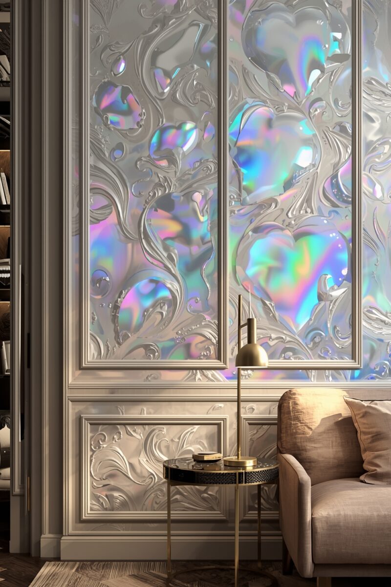 Luxurious living room with iridescent holographic glass panels, baroque ornate white wall moldings, gold floor lamp, and beige sofa