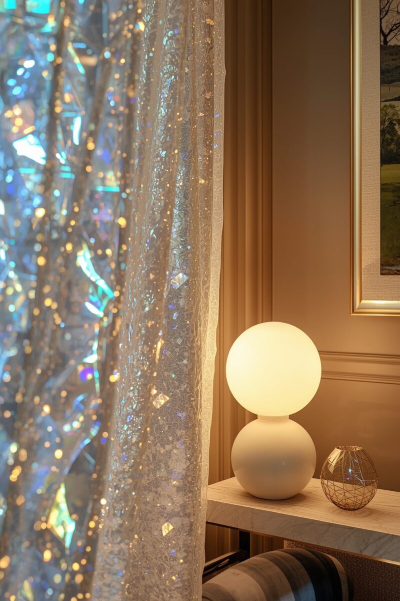 Iridescent holographic curtain with rainbow light reflections next to a white globe table lamp on a wooden console