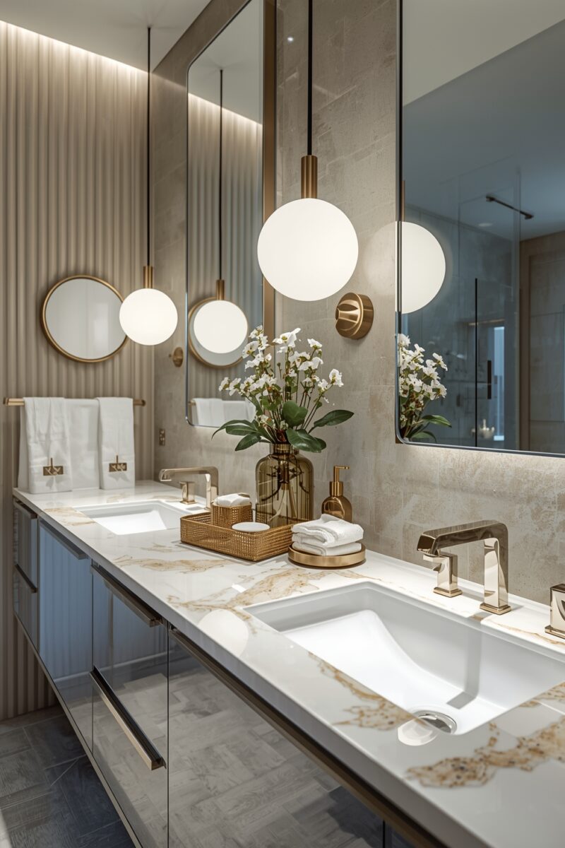 Luxury modern bathroom with double marble vanity, gold brass fixtures, globe pendant lights, and white orchid arrangement