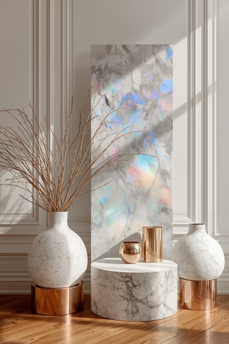 Luxury interior vignette with white marble vases, copper accents, dried branches, and iridescent marble panel
