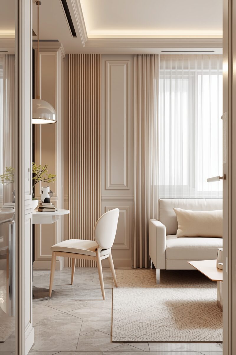 Modern Parisian-style living room with cream sofa, white chair, fluted wall panels, and sheer curtains in neutral tones
