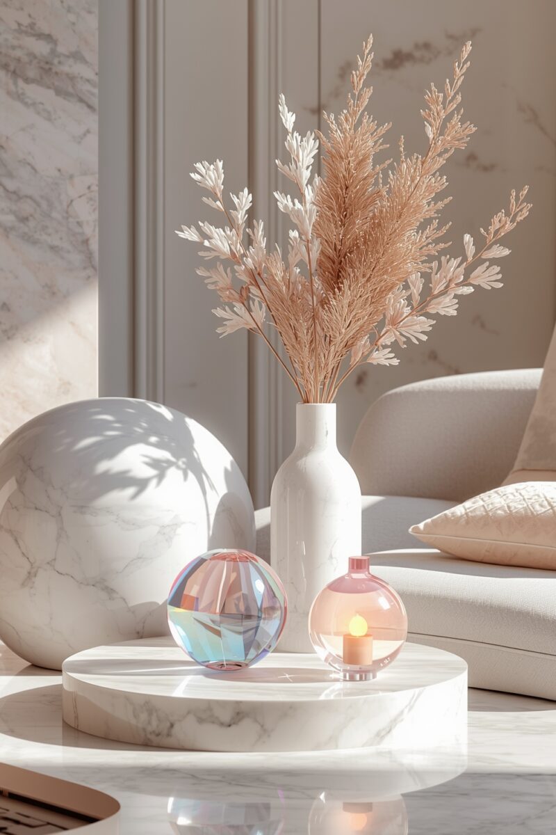White marble coffee table styled with pampas grass in white vase, iridescent glass spheres, and pink candle holder