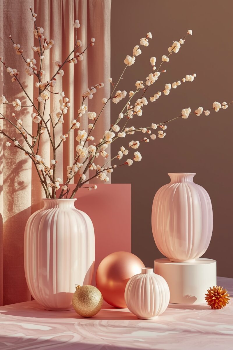 White ribbed ceramic vases with cherry blossom branches, rose gold and gold ornament balls on a pink surface