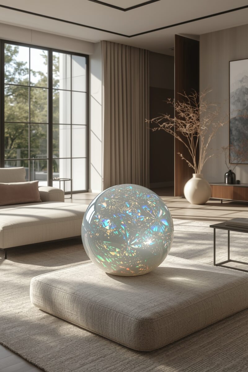 Iridescent holographic sphere on beige ottoman in modern minimalist living room with large windows