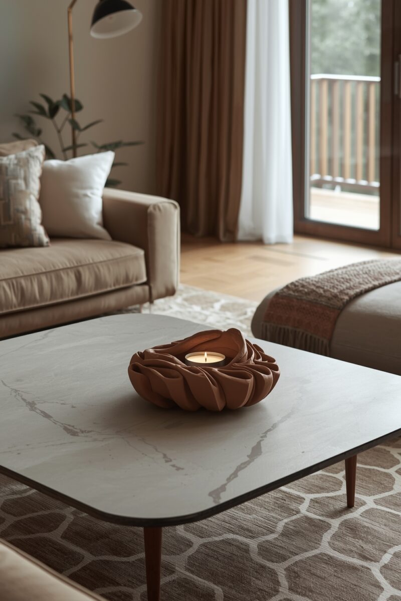 Terracotta flower-shaped tealight candle holder on marble coffee table in warm-toned modern living room