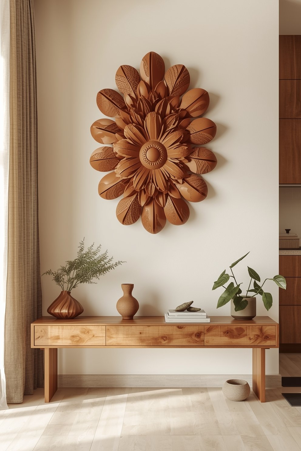 Terracotta floral wall sculpture above a natural wood console table with vases and green plants in a minimalist room