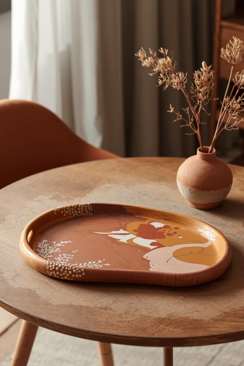 Decorative hand-painted terracotta tray with abstract botanical design on a round wooden table beside a small ceramic vase with dried flowers