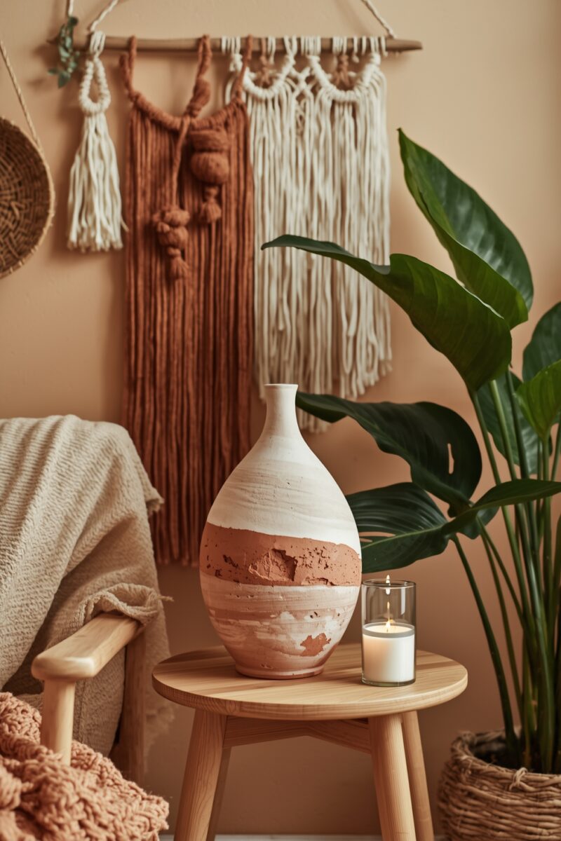Boho living room vignette with terracotta ceramic vase, lit candle, macrame wall hanging, and tropical plant on wooden side table