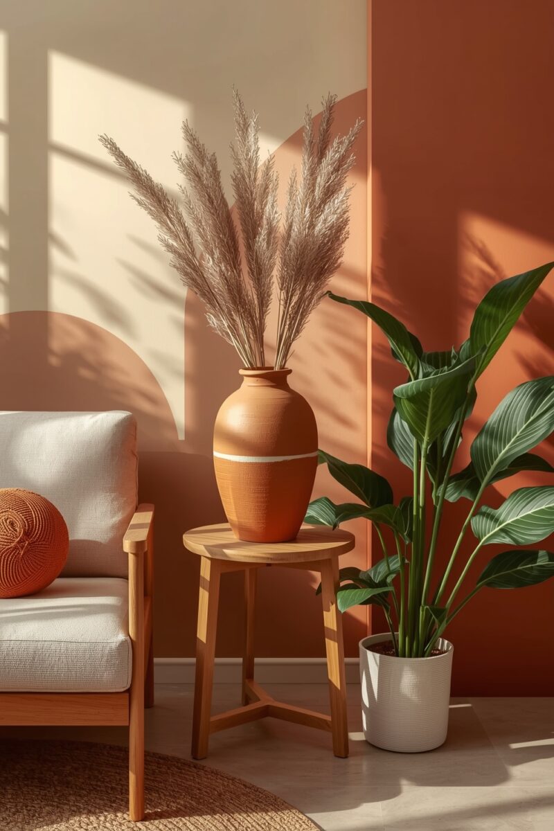 Boho living room corner with terracotta vase holding pampas grass on wooden side table, white sofa, and tropical plant