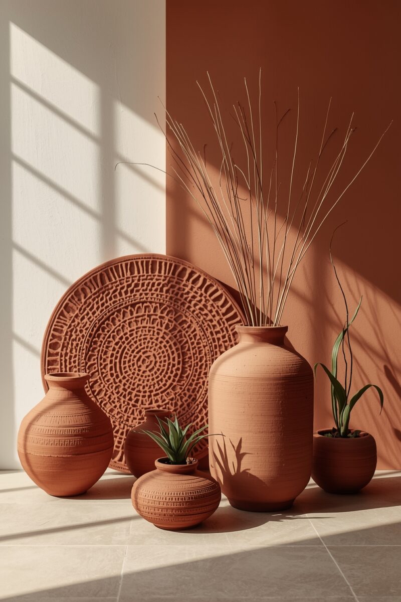 Collection of terracotta clay pots, vases, and decorative plate with succulents and dried grass in warm sunlight