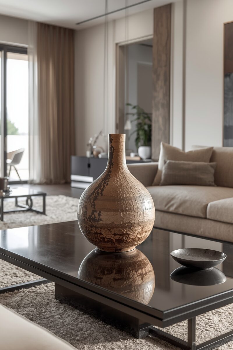 Rustic textured brown ceramic vase on dark reflective coffee table in modern neutral-toned living room