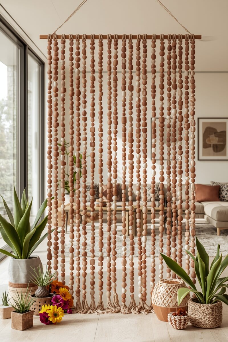 Bohemian wooden bead curtain room divider with terracotta beads hung from dowel rod in modern living room