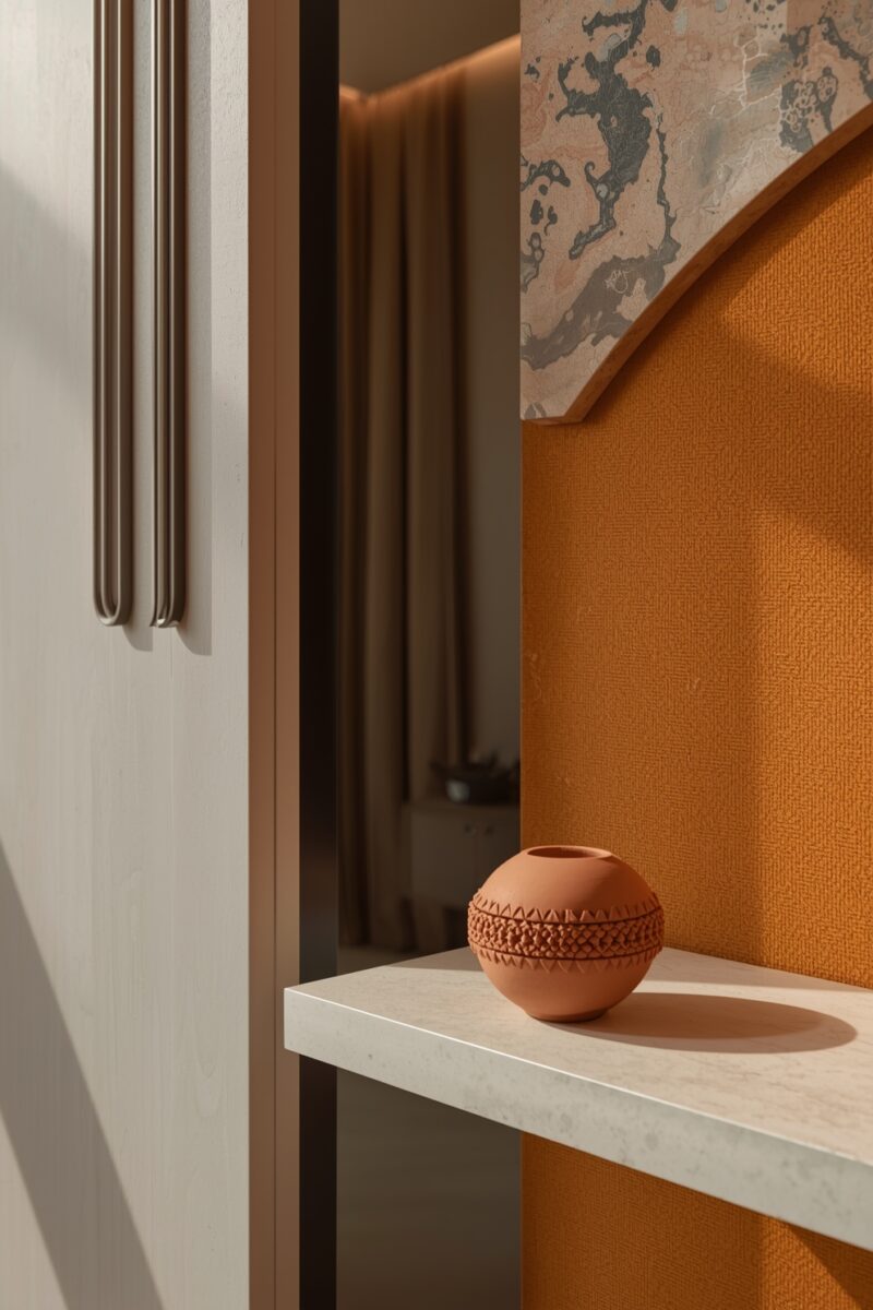 Terracotta spherical vase with geometric patterns on marble shelf against orange arched niche wall