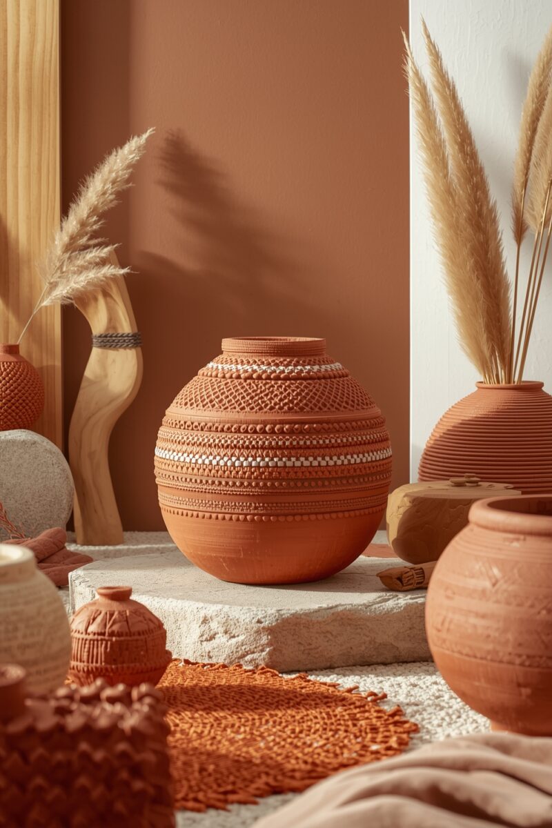 Decorative terracotta clay pots with geometric patterns and pampas grass on stone surface with earthy tones
