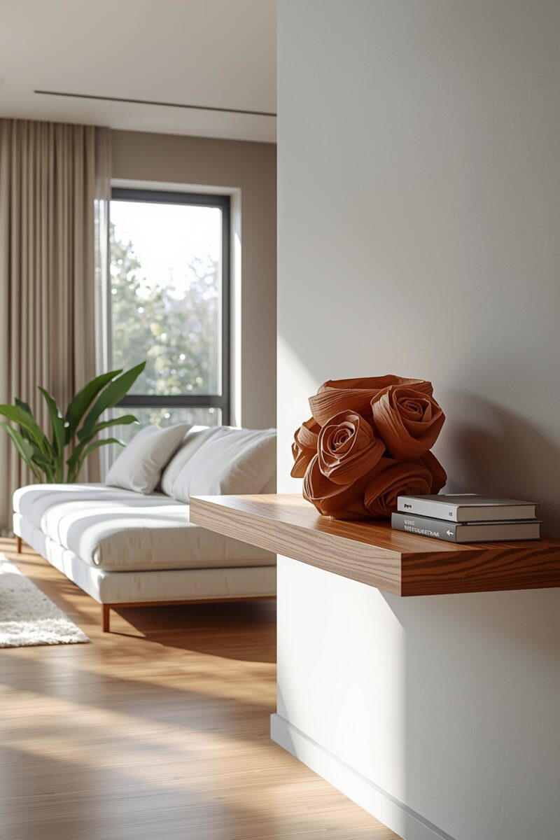 Modern minimalist living room with floating wooden shelf holding terracotta rose sculpture and stacked books