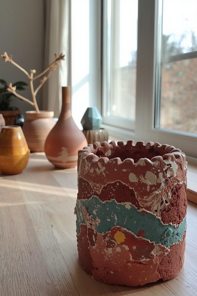 Rustic handmade terracotta ceramic pot with teal and white glaze texture on a wooden floor near a sunlit window