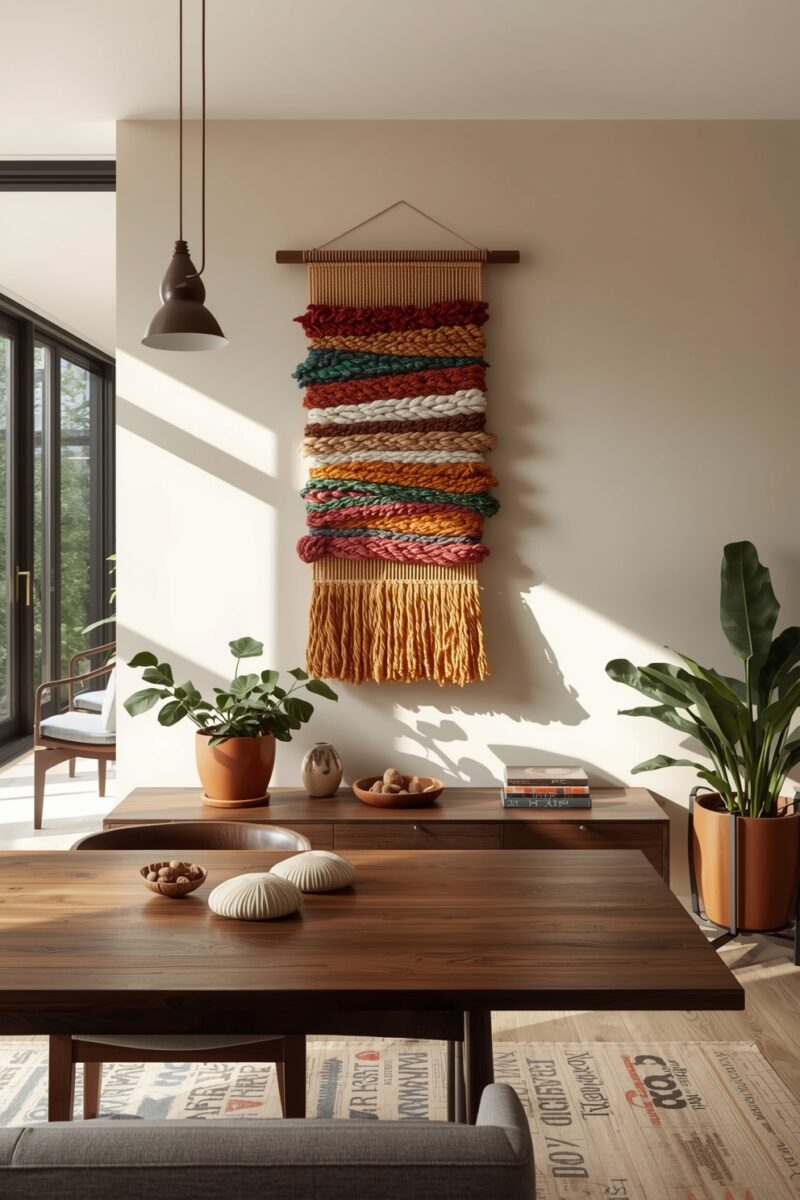 Colorful chunky yarn woven wall hanging tapestry with fringe above a dark walnut sideboard in a modern dining room