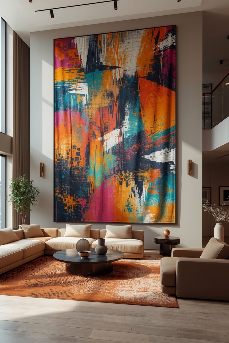 Modern living room with large colorful abstract painting, beige sofas, round black coffee table, and orange rug
