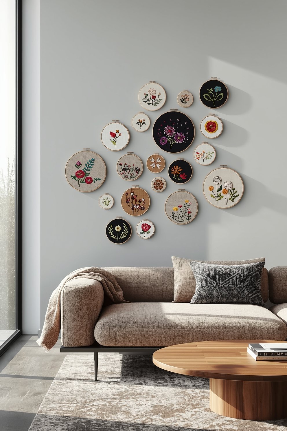 Gallery wall of 16 floral embroidery hoops in varying sizes displayed above a modern beige sofa