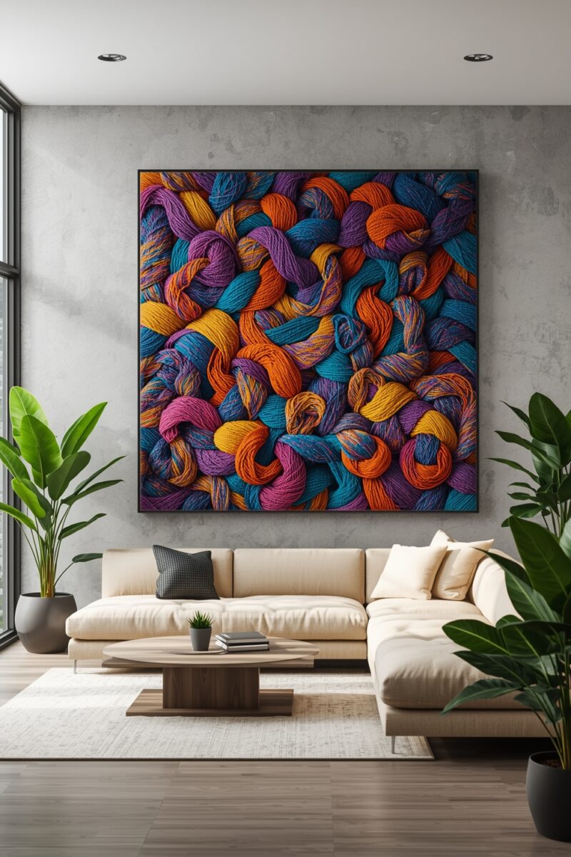 Modern living room with large colorful yarn skein wall art above beige sectional sofa and tropical plants