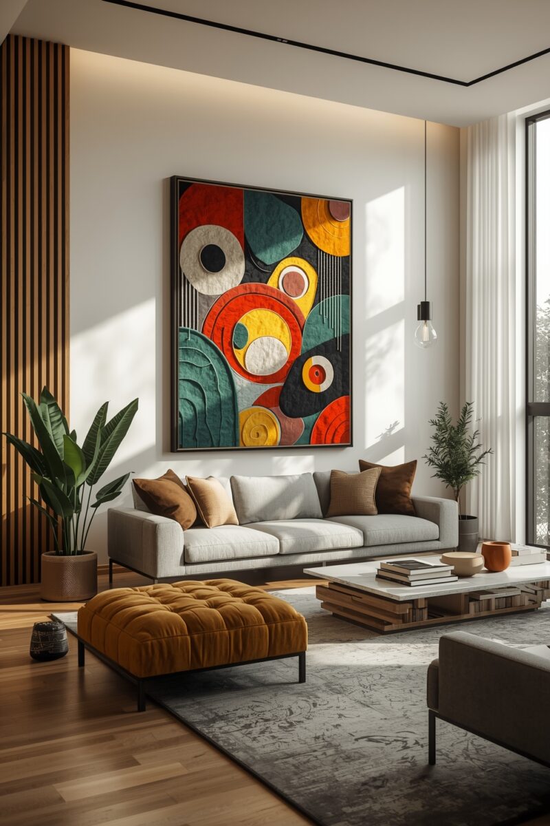Modern living room with gray sofa, mustard ottoman, wood accent wall, and large colorful abstract circular art