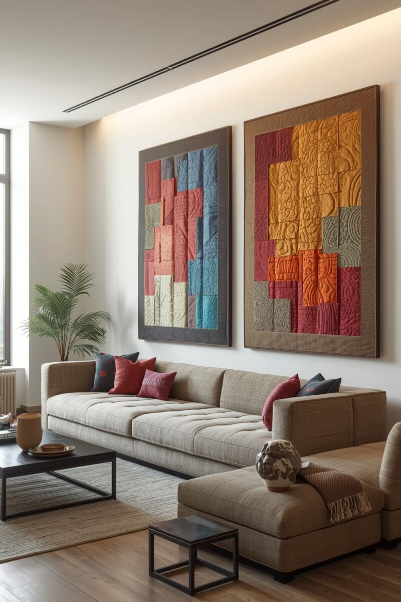 Modern living room with large colorful textile quilt wall art panels above a beige sectional sofa