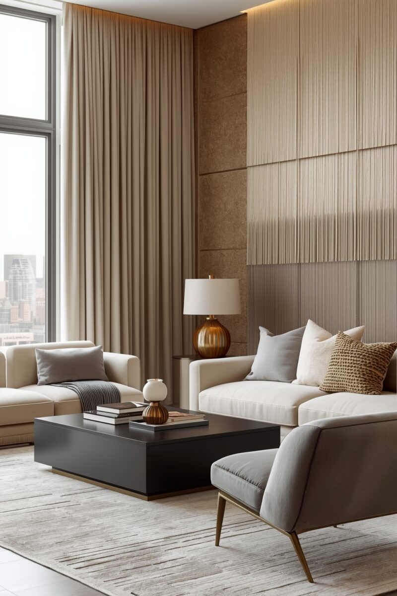 Luxury modern living room with cream sofas, dark coffee table, textured wall panels, and floor-to-ceiling curtains
