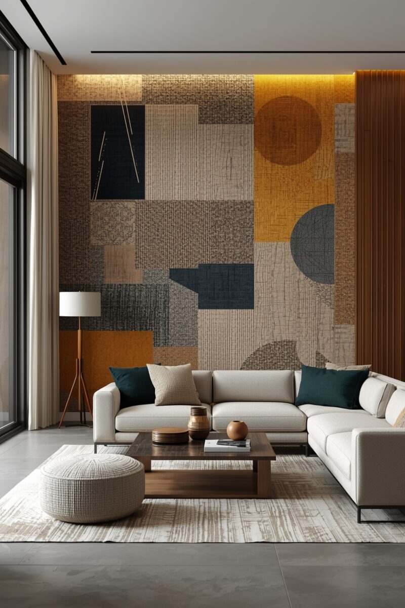 Modern living room with geometric patchwork accent wall in mustard, navy, and beige tones with L-shaped sofa