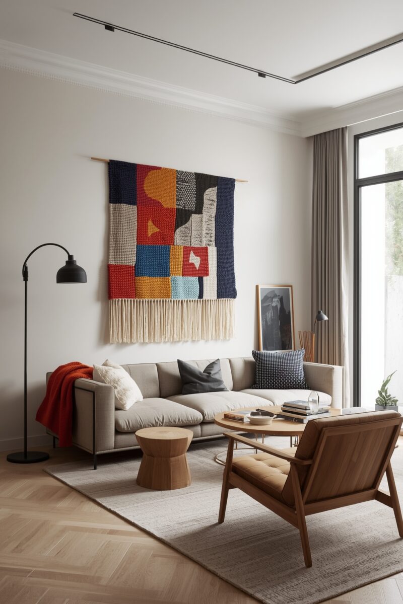 Modern living room with colorful geometric textile wall hanging, beige sectional sofa, wood accent chair, and herringbone floor