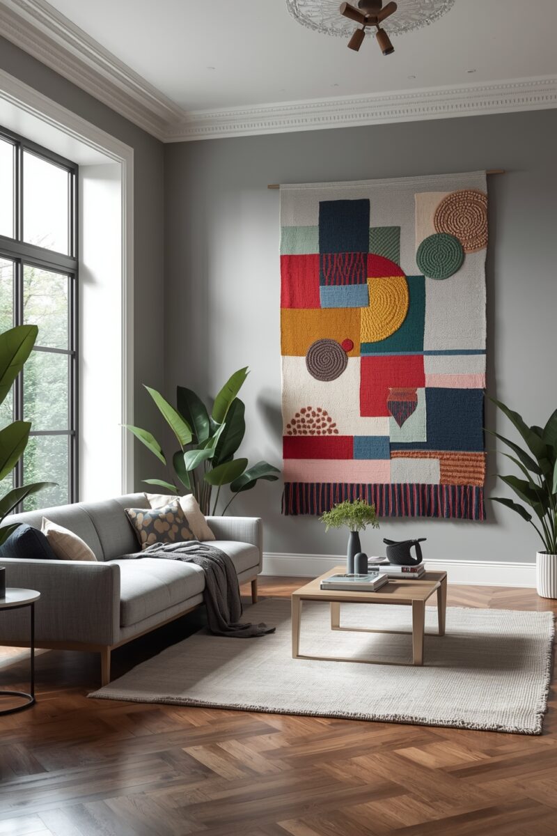 Modern living room with colorful geometric textile wall hanging, gray sofa, wooden coffee table, and tropical plants