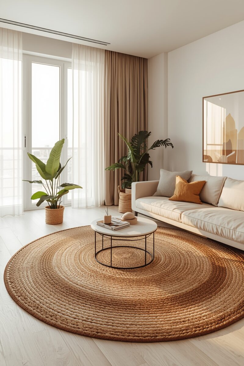 Modern minimalist living room with round jute rug, white sofa, coffee table, and tropical plants near large window